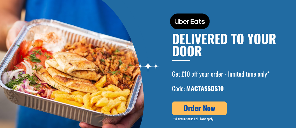 MacTassos gyros meal available on Uber Eats with £10 off using code MACTASSOS10