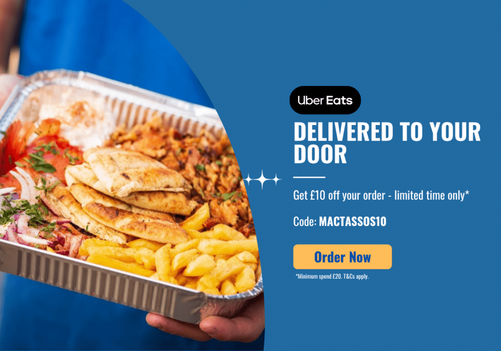 MacTassos gyros meal available on Uber Eats with £10 off using code MACTASSOS10